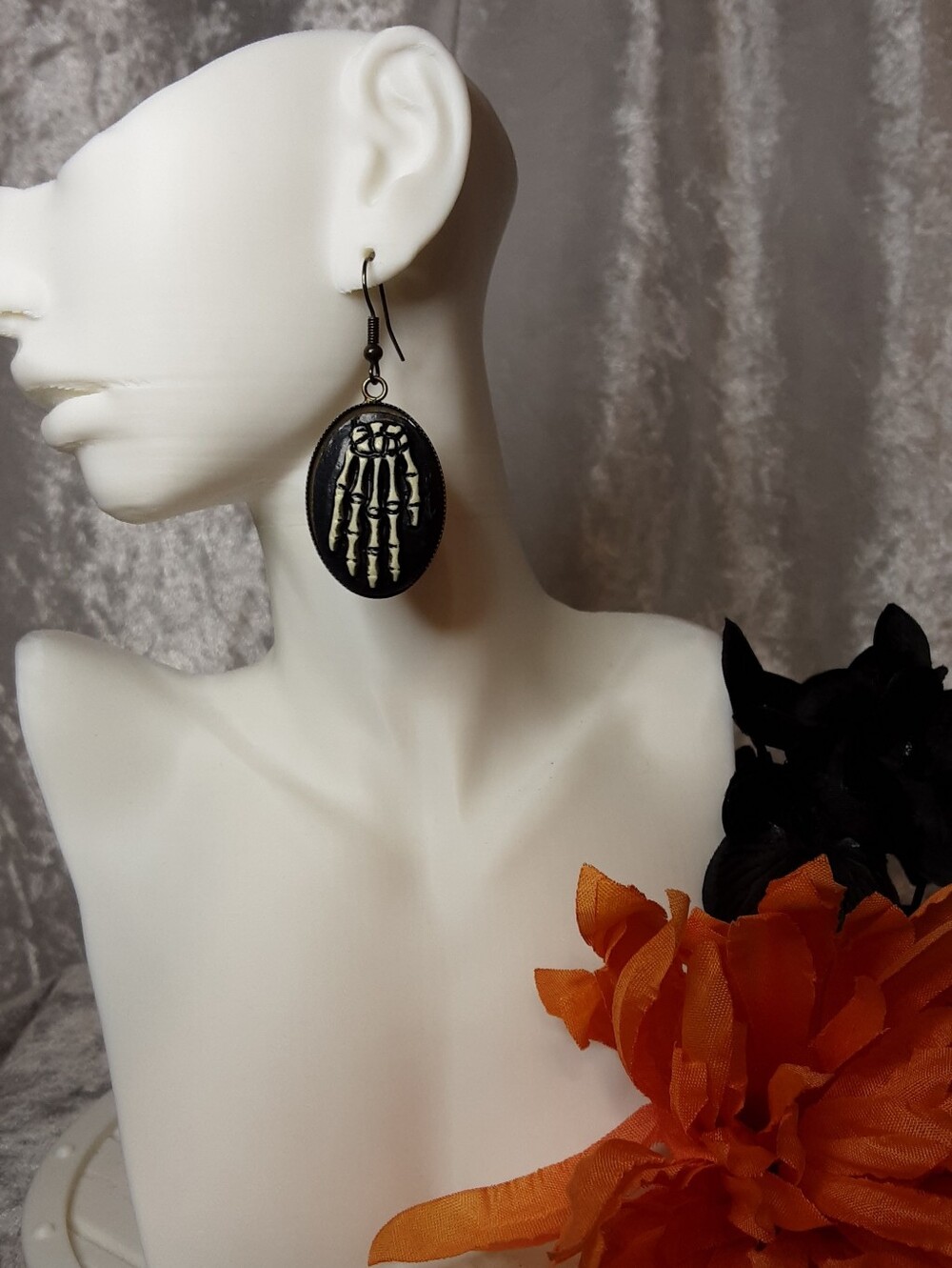 Hand Crafted Black & Cream Skeleton Hand Dangle Earrings